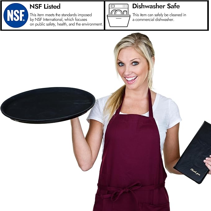 CURTA 2-Pack Restaurant Grade Non-Slip Tray, NSF, Oval 19-Inch x 23-Inch, Plastic Rubber Lined Round Serving Tray, Black