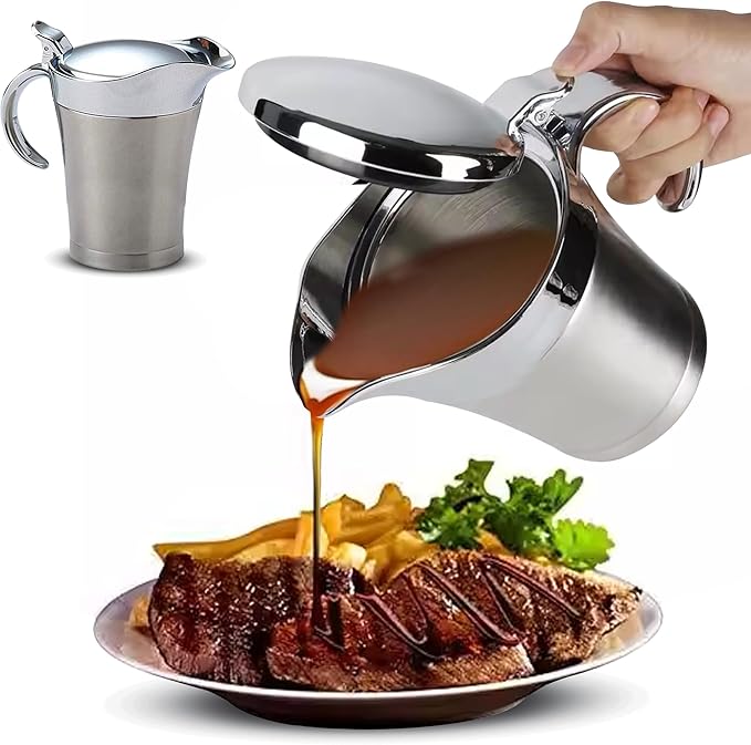 750ML Stainless Steel Gravy Boat with Lid – Double Insulated Gravy Pitcher for Hot & Cold Sauces – Elegant Sauce Boat Small Gravy Server for Steak, Turkey, and Holiday Dinners