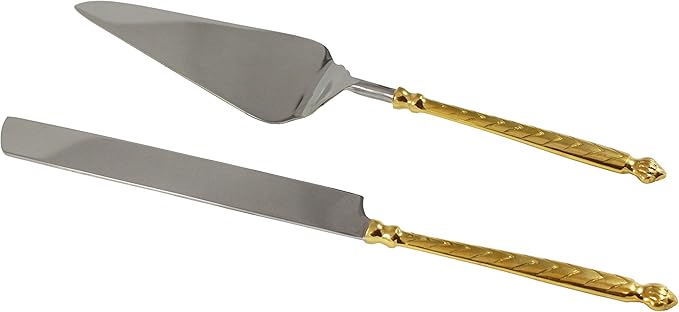 Server Set, Cake, Pie, Desert Flatware Set, Carved, 2-piece 18/10 Stainless steel with brass handles (light antique gold finish)…