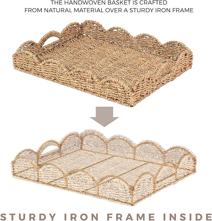2Pcs - Scalloped Basket, Decorative Basket, Seagrass Tray (17 x 13 x 3 inch - 2Pcs) with Scalloped Edge and Built-in Handles, Rectangle Serving/Rattan/Wicker/Woven/Basket Tray
