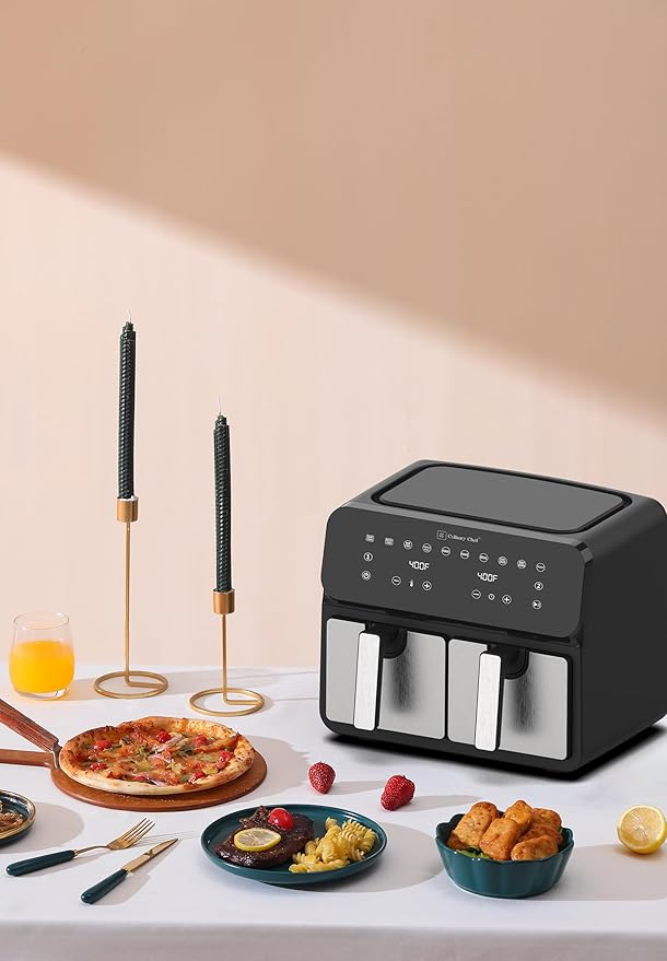 Culinary Chef 9.5-Quart Electric Air Fryer, Dual Basket (4.75qt*2), Adjustable Temperature, Touch Panel Control, One-Touch Cook Functions, and 360° Rapid Cooking, 1700 Watt Power