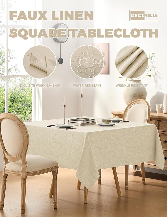 Faux Linen Square Tablecloth for Dining Room,Waterproof Texture Decorative Farmhouse Rustic Table Cloth for Indoor Outdoor Party, Holiday, Banquet Picnics, Patio,52 x 52 Inch (Square),Beige