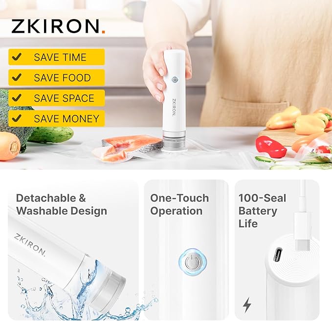 OneTouch Handheld Vacuum Sealer with 25 Reusable Vacuum Bags – Portable & Compact, Food Saver Vacuum Sealer with Detachable Transparent Suction for Meal Prep, Sous Vide, Travel & Kitchen