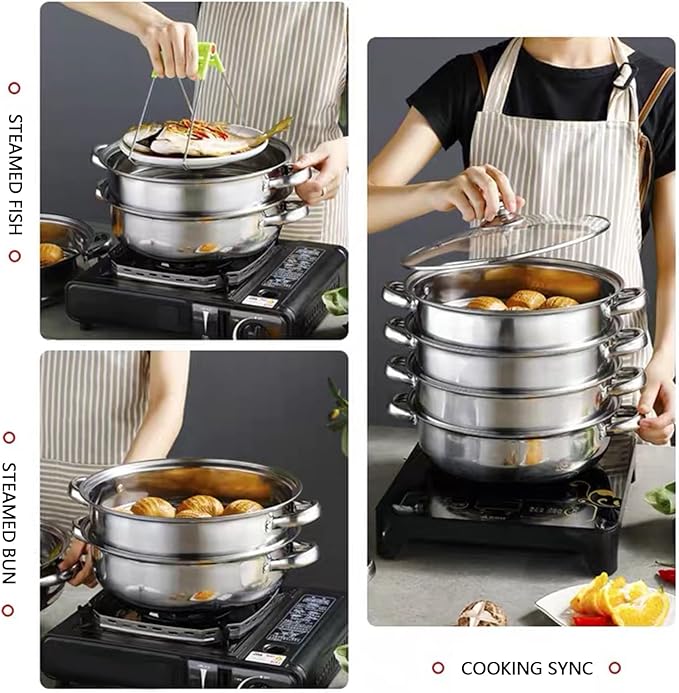 4 Piece Stainless Steel Steamer Pot Set with Glass Lid and handle,for Steamer Cooking,Casserole,Saucepan (4 layer)