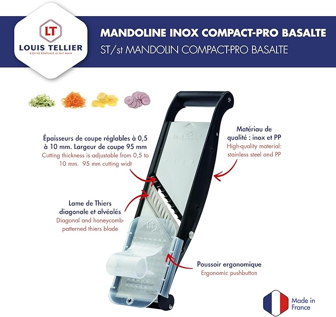 LOUIS TELLIER - Professional Mandoline Slicer - Stainless Steel - Multifunctional Fruit and Vegetable Slicer - Compact Pro - 2 Julienne Blades (0.16 in & 0.4 in) - Adjustable Thickness