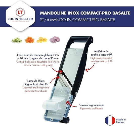 LOUIS TELLIER - Professional Mandoline Slicer - Stainless Steel - Multifunctional Fruit and Vegetable Slicer - Compact Pro - 2 Julienne Blades (0.16 in & 0.4 in) - Adjustable Thickness
