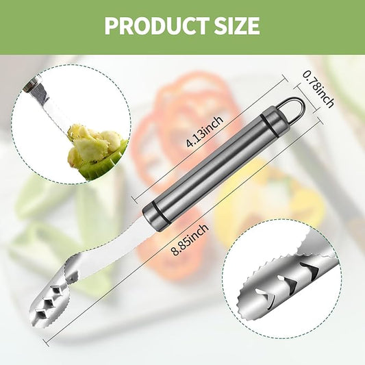 3pcs Jalapeno Pepper Corer, 2 in 1 Chili Corer Tool - Stainless Steel Pepper Seed Remover with Serrated Slice & Handle, for Slicing Off Vegetable Tops or Removing Pepper Cores