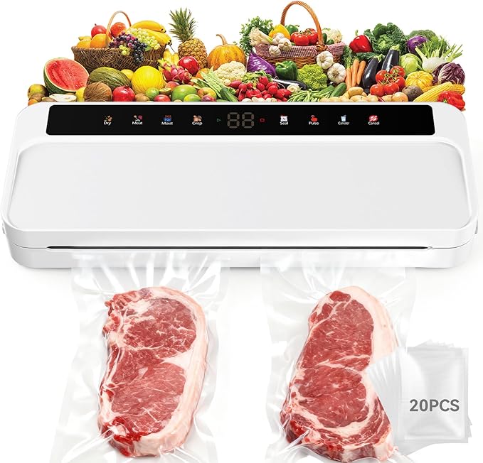 Food Vacuum Sealer Machine for Food, 8-in-1 Dry/Wet/Oil Modes Food Sealer Fit All Kind Bags with Water Tank & Digital Timer, Food Sealing Machine with Cutter & Starter Kit & 20 Vacuum Bags