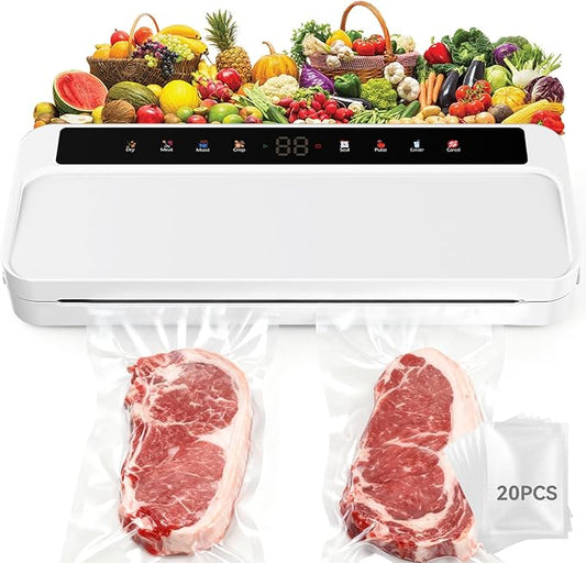 Food Vacuum Sealer Machine for Food, 8-in-1 Dry/Wet/Oil Modes Food Sealer Fit All Kind Bags with Water Tank & Digital Timer, Food Sealing Machine with Cutter & Starter Kit & 20 Vacuum Bags