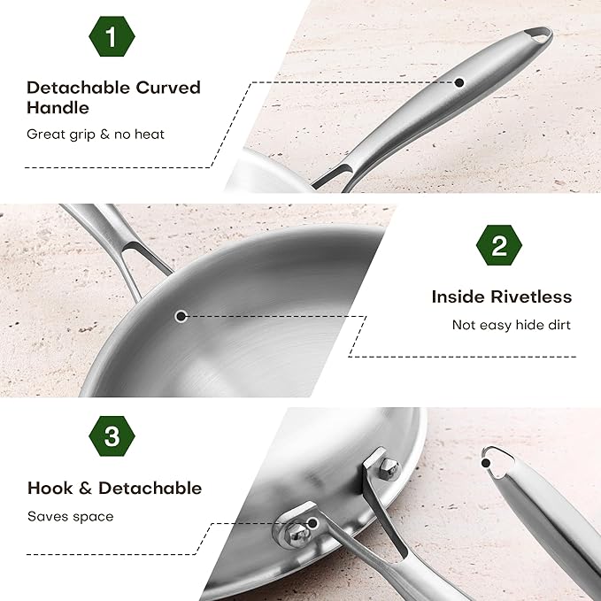10 Inch Tri-Ply Stainless Steel Frying Pan, Healthy Stainless Steel Cookware, Skillet on Induction, Ceramic and Gas Cooktops, PFOA Free Cooking Pan, Dishwasher Safe, Stay-Cool Handle