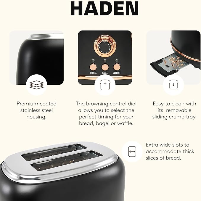 Haden Heritage 2 Slice Wide Slot Stainless Steel Toaster with Adjustable Browning Control & Non-Slip Feet, Black & Copper