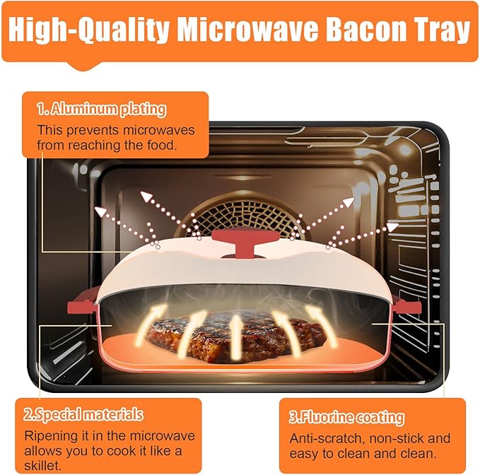 Microwave Grill Pan with Cover, Microwave Cookware Multi-Use for Grilling, Frying, Browning and Crisping, Microwave Bacon Cooker Tray, Microwave Griller with Cover Safe and Easy to Clean (Red)