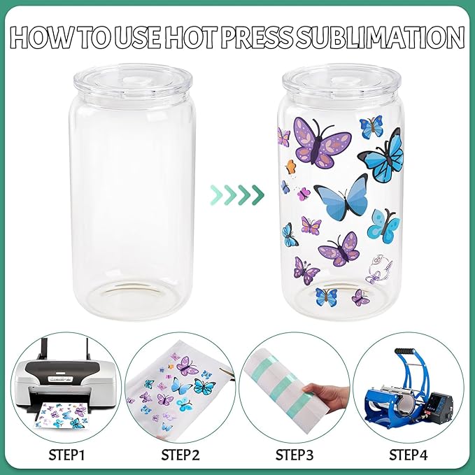 Joyclub 8 Pack Sublimation Cups 16 OZ Clear Glass Cans Blanks with Clear Lids Mason Jars for Iced Coffee Beer Juice and Soda Drinks