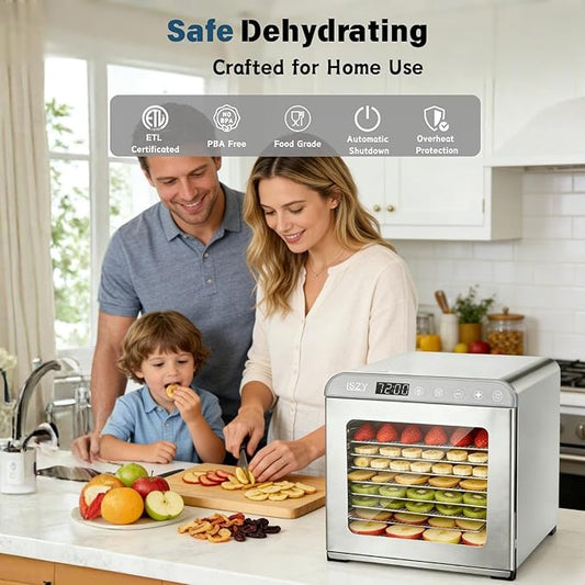 Food Dehydrator, Large 12'' 10 Trays Stainless Steel Meat Dehydrator for Jerky, 800W Herb Dryer 72H Timer & Temp Control for Fruit Snacks Yogurt Dog Treats ETL Approved (White)