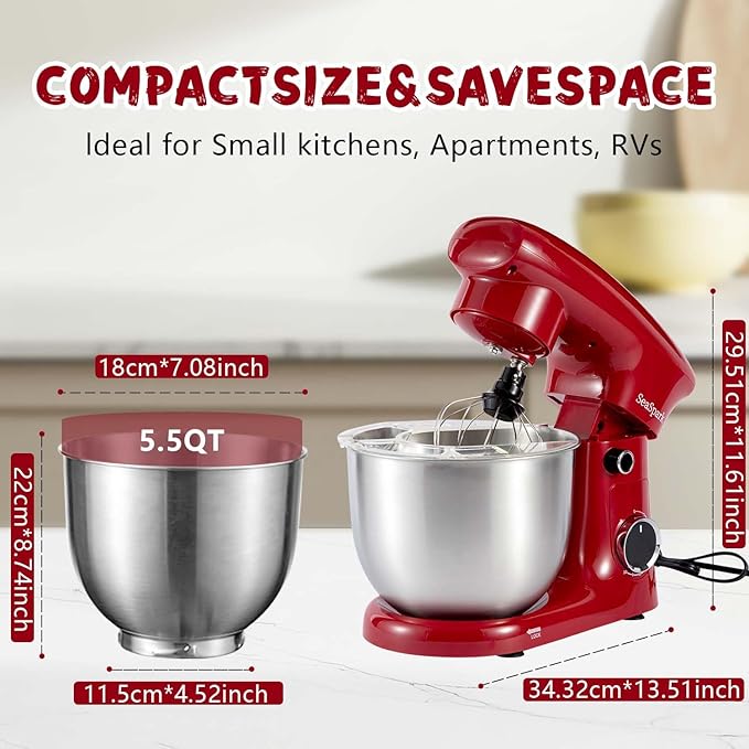 SeaSpark Stand Mixer, 3 in 1 Stand Mixer, 5.5Qt Electric Mixer, Mixer with Stainless Dough Hook, Wire Whip & Beater, Food Mixer for Baking, Cake and Most Home Cooks, Red