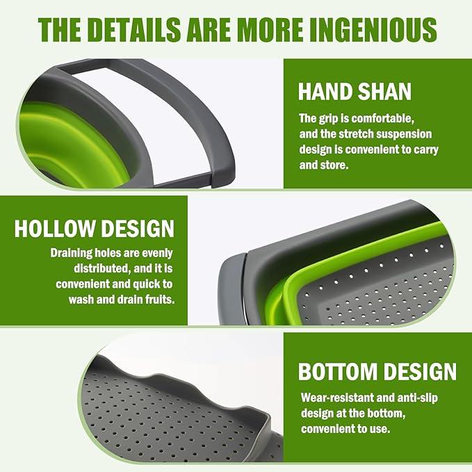 2 Pack Collapsible Colander Strainer, 6 Quart Over the Sink Colander with Ergonomic Non-Slip Handles, Durable Silicone Strainer for Veggies Fruits Pasta, Dishwasher Safe Space-Saving Kitchen Essential