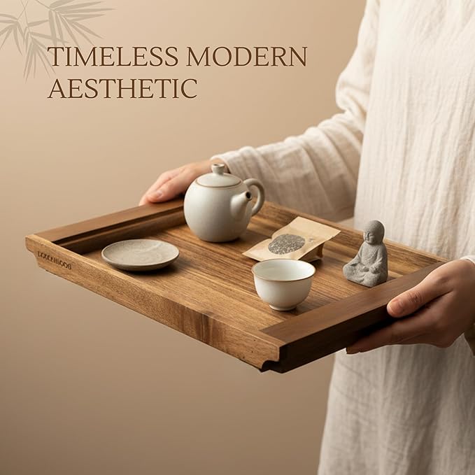 Acacia Wood Serving Tray - Large Wooden Tray for Ottoman - Rectangle Coffee Table Tray - Wooden Decorative Tray for Kitchen Counter, Dining Table, Breakfast - 15.7x11 (Japandi)