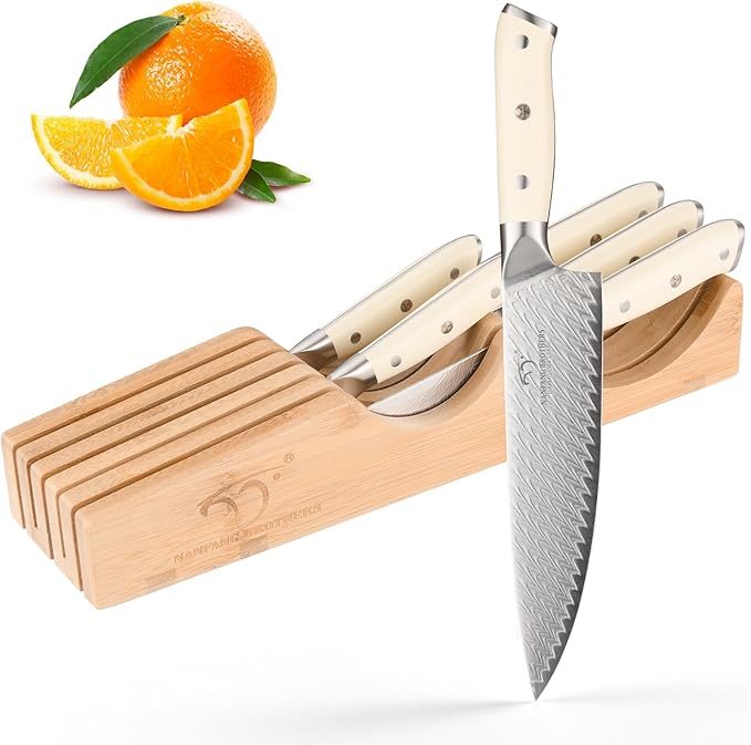 NANFANG BROTHERS Damascus Kitchen Knife Set,6 Pieces Drawer Knife Set,ABS Ergonomic Handle for VG10 Steel Professional Chef Knives Set with Block