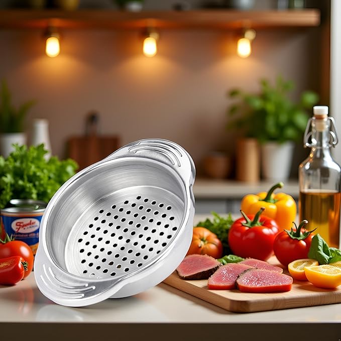Silvery Stainless Steel Food Tin Strainer,Can Press Strainer Tuna Press Food-Grade Steel Canning Colander,Dishwasher Safe, Food Strainer, Easy to Clean,Eco-Friendly Kitchen Utensils ﻿
