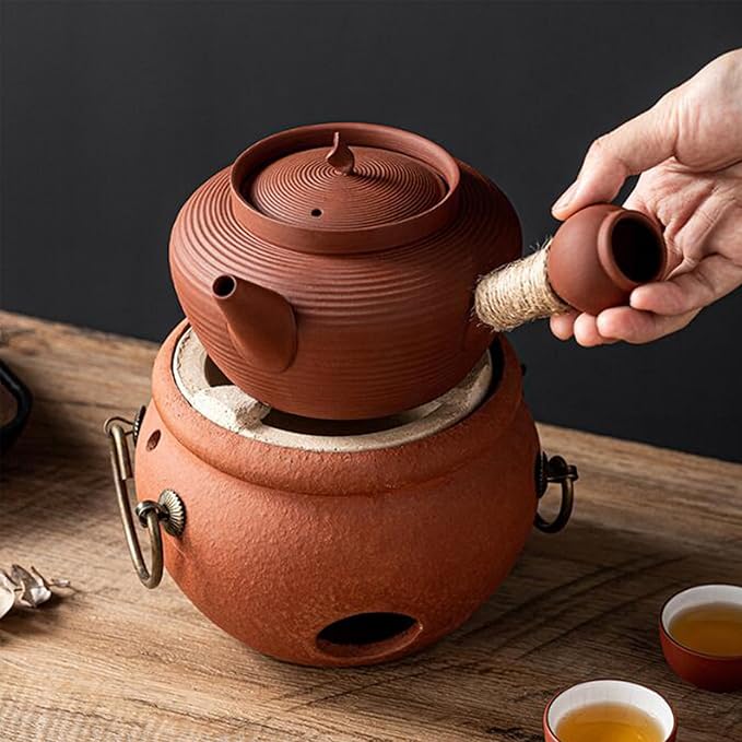 Charcoal Stove Tea Cooker with Warmer, Charcoal Stove Kettle Stovetop Chinesetea Pot Coated with Enameled Interior, 1000Ml