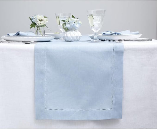 Solino Home Linen Sky Blue Table Runner 156 Inches Long - 100% Pure Linen Extra Long Table Runner 14 x 156 Inch for Spring, Easter - Classic Hemstitch