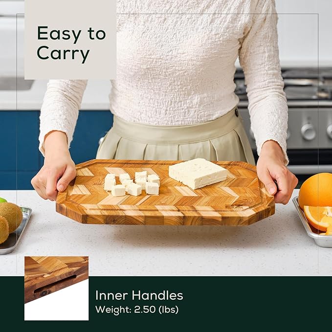 EZ FURNITURE Small (S) Teak Herringbone Wood Premium Cutting & Serving Board, Knife Friendly, Juice Groove & Handles, Pre-Oiled with Food-Grade Mineral Oil, Non-Toxic(S 14" x 10" x 0.7", 2.65 lbs)