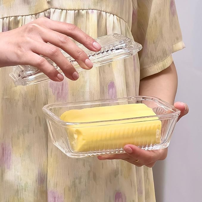 Clear Glass Butter Dish with Lid for Countertop, 6.5" Crystal Butter Dish with Cover, Covered Butter Tray for Refrigerator