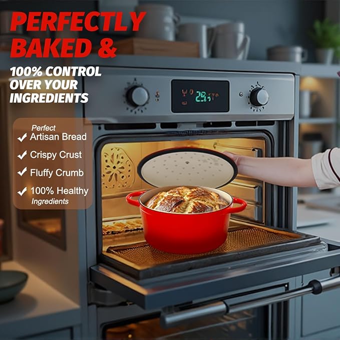 LEADKooKers 5QT Enameled Cast Iron Bread Oven with Proofing Basket for Bread Baking, Bread Making Supplies Tools,Heavy-Duty Cookware for Braising, Stews, Roasting, Bread Baking (Red)