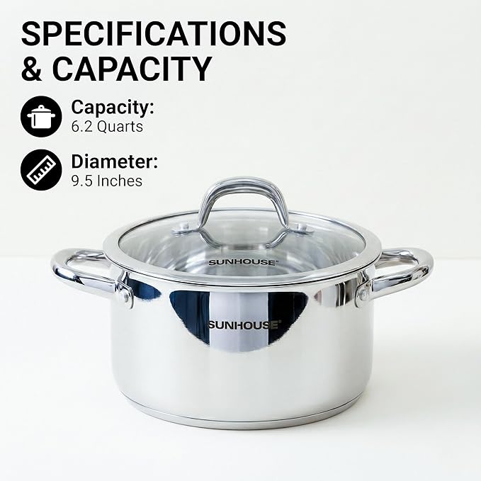 Sunhouse Professional 6.2-Quart Whole-Clad Multi-Ply Stainless Steel Stock Pot with Lid - Premium 18/10 Whole Body Clad Stock Pot - Induction Ready, Oven Safe & Dishwasher Safe Cooking Pot