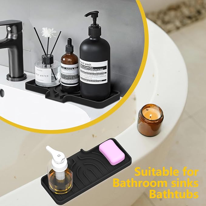 Sponge Holder for Kitchen Sink, Soap Tray for Sink & Counter, 9.8"×4.9" Soap Dish Mat, Silicone with Drain, Perfect for Dispenser, Scrubber, Bottle, Cup (Black)
