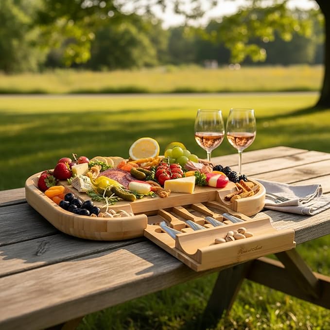 Picnic at Ascot -The "Original" Malvern Deluxe Bamboo Cheese Board with Cracker Groove & Integrated Drawer with Stainless Steel Cheese Knife Set - Designed & Quality Assured in the USA
