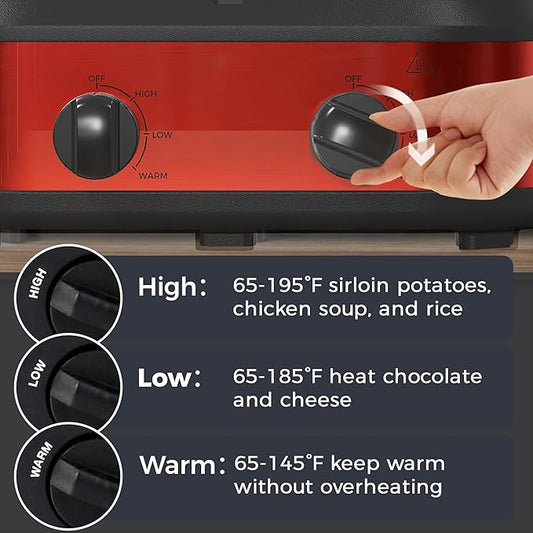 Double Slow Cooker, 2 x 1.25 QT Portable Small Dual Crock Cooker, Buffet Servers and Warmers Dishwasher Safe, Removable Ceramic Pot Glass Lid, Stainless Steel Red