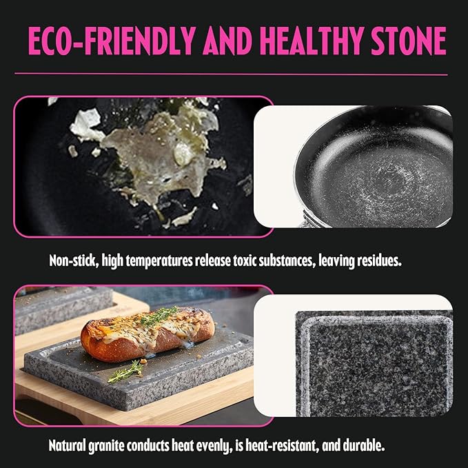 Artestia Steak Stone Grill Set with 2 Granite Stones & 1 Bamboo Tray – Restaurant-Style Hot Stone Cooking Set for Sizzling Steak, BBQ, Hibachi, Indoor Tabletop Grilling