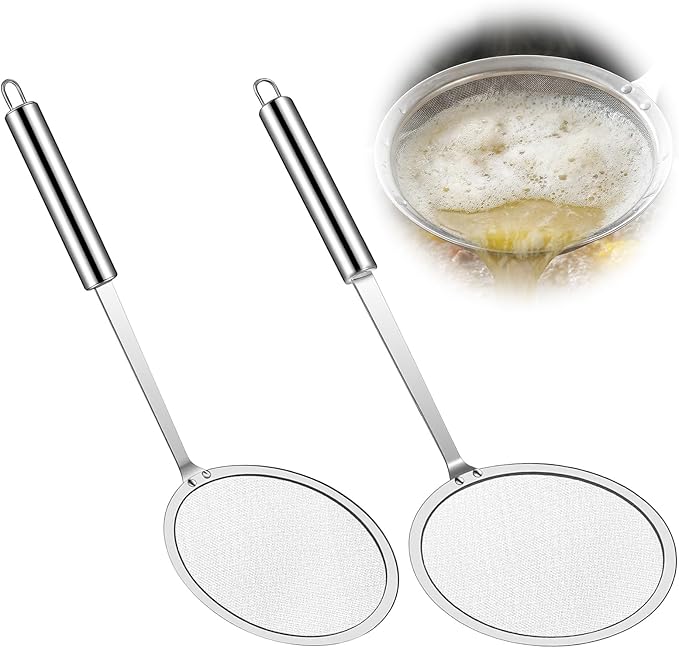 2 Pcs Stainless Steel Strainers Fine Mesh Colander with Handle 2025 Upgrade Extra Fine Mesh Strainers for Cooking Skimmer Spoon Filte Grease Foam Oil Filter Food Strainer Kitchen Gadgets (Small+Large)