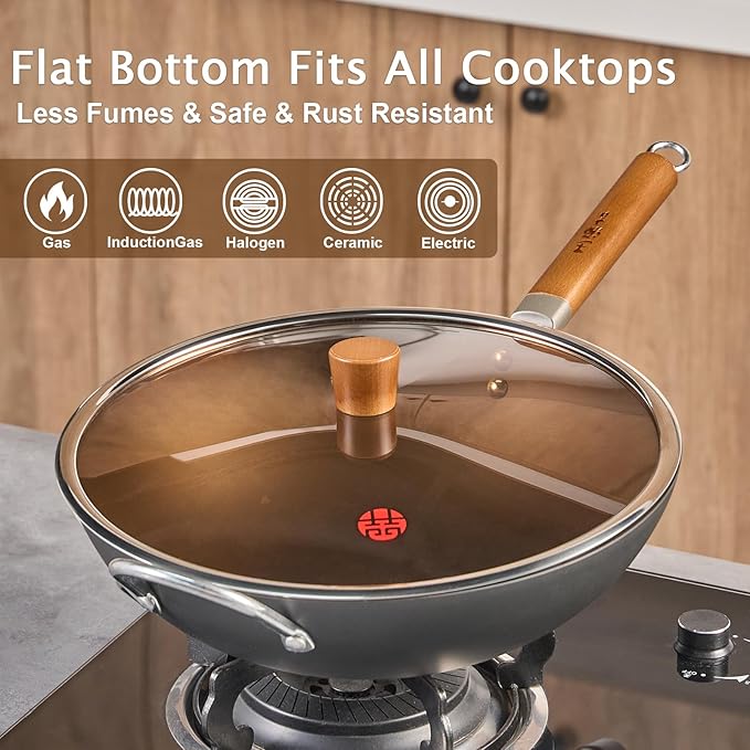 WANGYUANJI Carbon Steel Wok 14.2", Large Nitriding Flat Bottom Stir Fry Pan with Lid, No Chemical Coating Rust Resistant Iron Skillet for Induction Electric Gas Stoves, Big Capacity Serves 6+