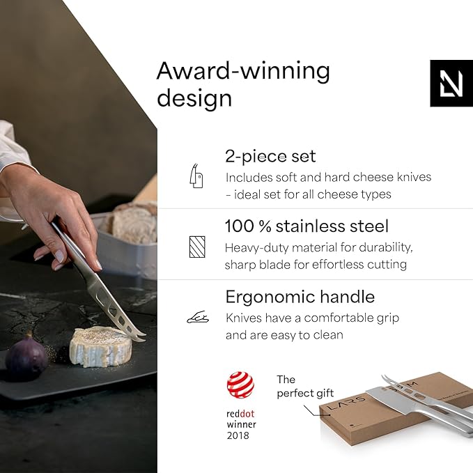 LARS NYSØM Cheese Knife Set Edge 2 pcs. I Cheese Knife Set Made of Stainless Steel I Premium Gift Box I Perfect as Christmas Gift (Stainless Steel)