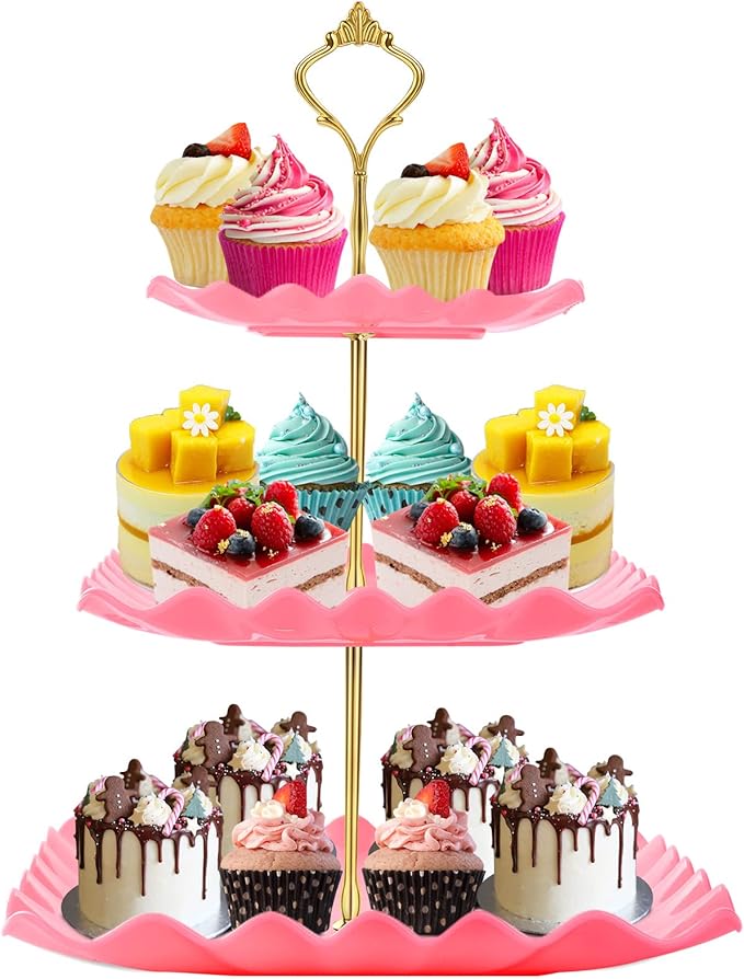 Dessert Cupcake Stand, 3 Tier Cup Cake Holder Tower for Tea Party/Birthday/Wedding, Plastic Tiered Serving Tray with Metal Rod, Pink