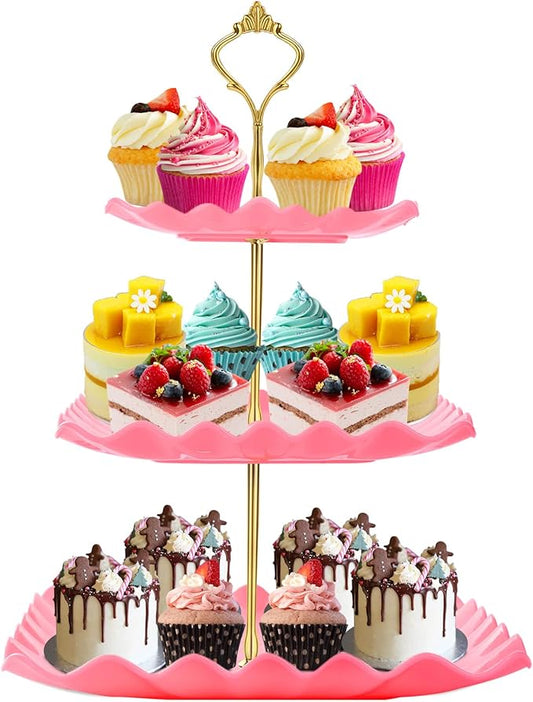 Dessert Cupcake Stand, 3 Tier Cup Cake Holder Tower for Tea Party/Birthday/Wedding, Plastic Tiered Serving Tray with Metal Rod, Pink
