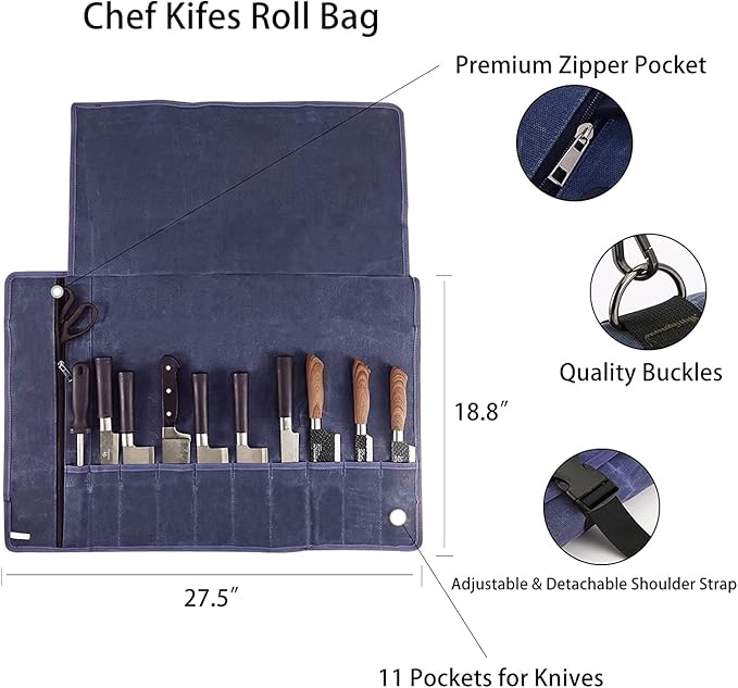 Chef’s Knife Roll Bag,Waxed Canvas Knife Cultery Carrier, Portable Chef Knife Cases,Knife Pouch Holders With 10 Slots Plus 1 Zipper Pockets Can Hold Home Kitchen Knife Tools Up To 18.8”