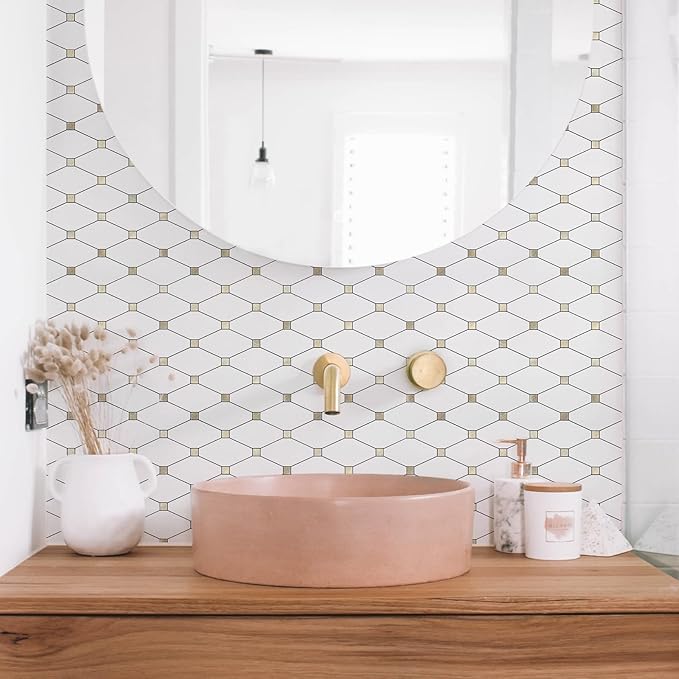 STICKGOO 10 Sheets Peel and Stick Backsplash, Pure White Marble Look PVC Mixed Metal Gold Kitchen Backsplash, Stick on Backsplash Wall Tiles for Kitchen, Bathroom, RV