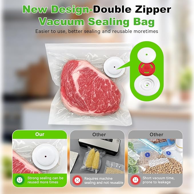 Vacuum Sealer for Food (Compact Vacuum Sealer Machine + 40 Reusable Vacuum Bags), Powerful 80Kpa Portable Vacuum Sealer for 10X Preservation & Fresh, Handheld Vacuum Food saver With 2 Seal Clips