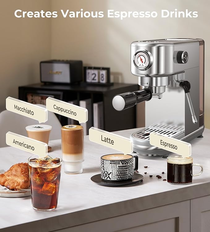 atatix Espresso Machine with Milk Frother, 20 Bar Pressure Espresso Maker, with 44OZ Removable Tank, Compact Stainless Steel Coffee Machine for Home, Office, Latte, Cappuccino, Gift for Women or Men