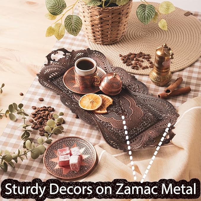 Small Antique Turkish Tea Coffee Serving Tray Table Decor Decorative Handles - Antique Moroccan Home Kitchen Rustic Copper Farmhouse Brass Rectangular Bar Arabic Fancy Candle Vintage Decor Style Tray