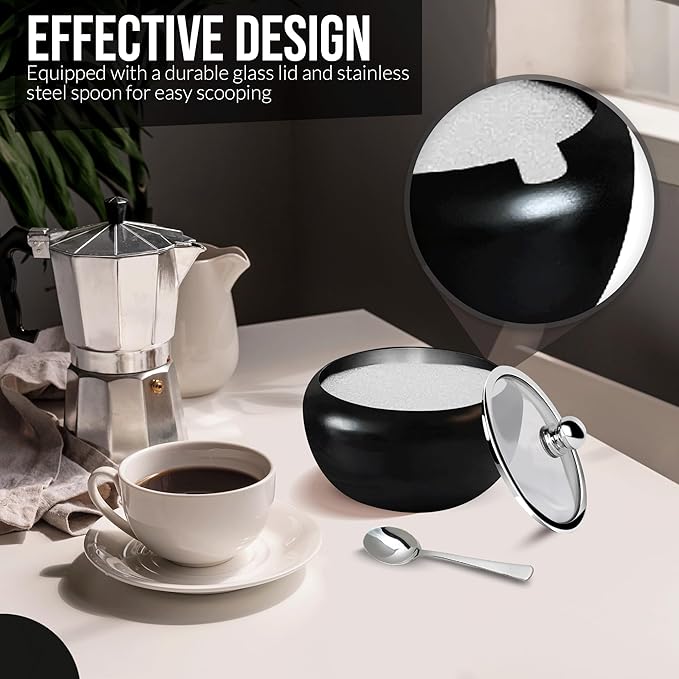 Sugar Bowl with Lid and Spoon | 12oz Sugar Container for Coffee Bar | Stainless Steel Holder Jar for Salt, Tea, Candy, Sugar Cube, Brown Sugar, Ghee | Kitchen Countertop Storage Accessories | 350ml