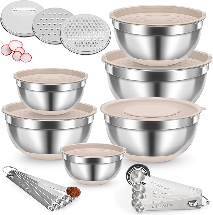 Mixing Bowls with Airtight Lid Set, 23PCS Stainless Steel Nesting Bowls with 3 Graters, Non-Slip Base, Large Prep Bowls 7, 3.5, 2.5, 2, 1.4, 1QT & 14 Measuring Spoons Great for Baking, Serving