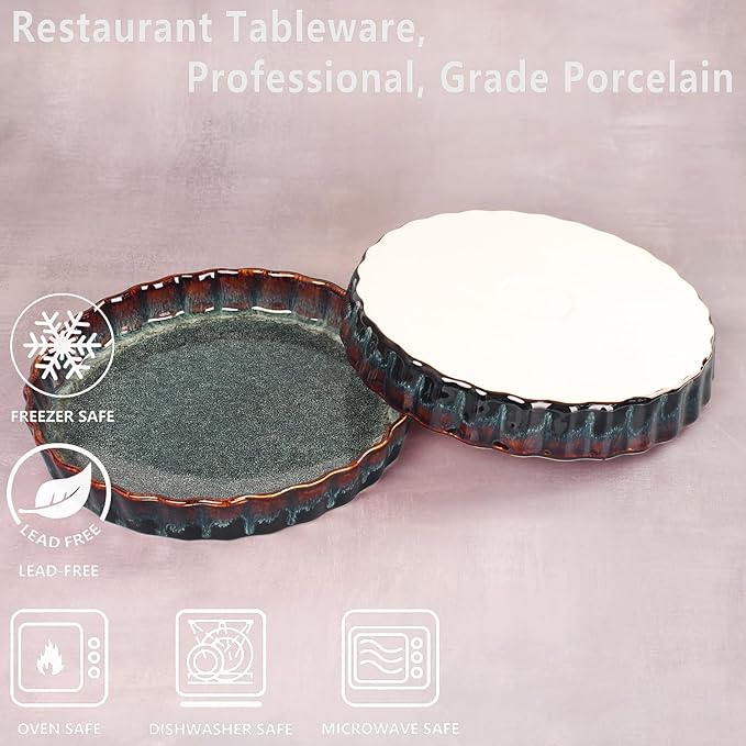 LIUYWYHCF 7 Inch Ceramic Pie Pan Quiche Dish 13.5 Ounces Baking Pan, Set of 2 Au Gratin Baking Dishes, Non-Stick Tart Pan, Pie Plate for Apple, Oven Safe, Round Ruffled Edge 7.7 Inch