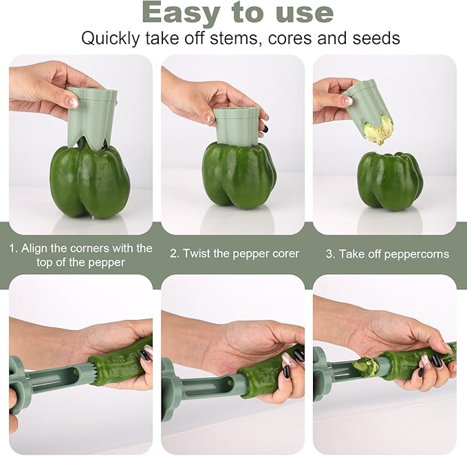 2pcs Pepper Corer, 4.45x2.2x2.2in/11.3x5.6x5.6cm ABS Material Pepper Deseeder 2 in1 Fruit Corer Cutter Kitchen Essential for Kitchen Home Family Camping(Green)