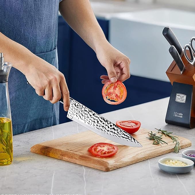5-Piece Kitchen Knife Set with Block - Stainless Steel Sharp Blade, Wooden Handle Knifes Holder, Bread/Fruit/Meat/Chef Knives, Gifts for Women Men (Hammered Texture)-5