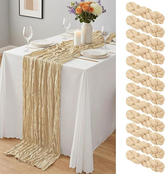 12 Pack Beige Cheesecloth Table Runner 10Ft, Gauze Table Runners 21.5 x 120 inch,Semi Sheer Cheese Cloth Fabric Runner Bulk for Wedding,Party,Baby Shower,Bridal Shower