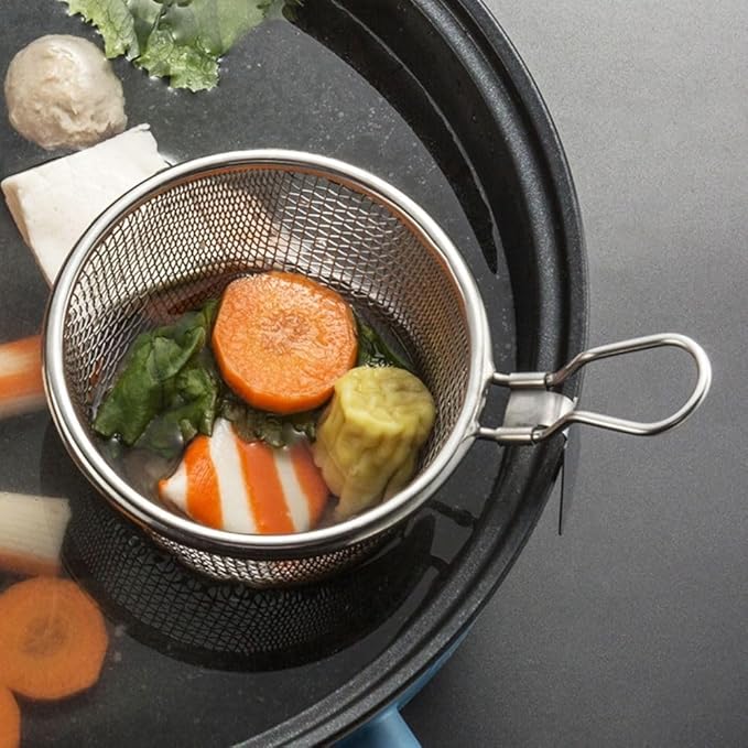 Stainless Steel Pasta Basket, Mesh Spider Food Dumpling Noodle Strainer, Fine Mesh Strainer with Handle